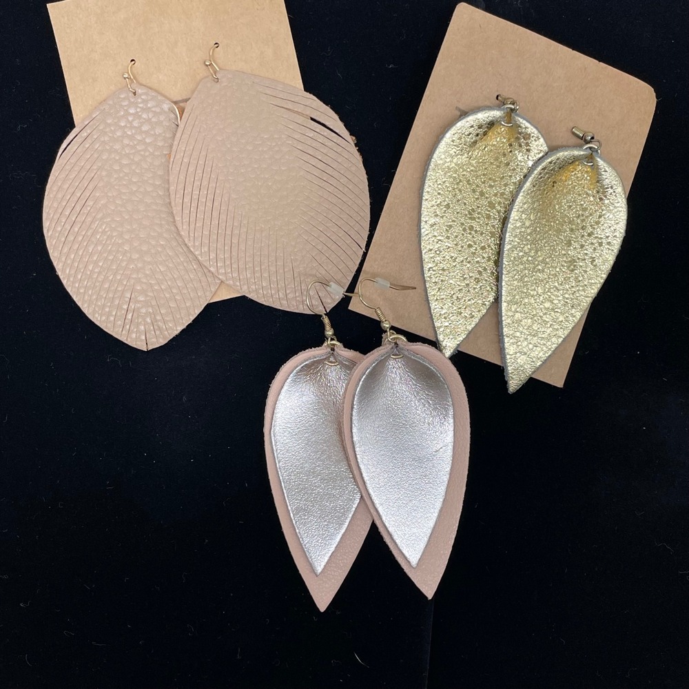 Set of 3, Leather Feather and Teardrop Earrings Gold Silver Beige all about 3 in